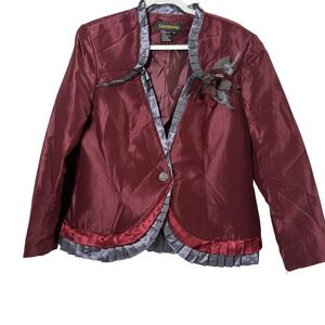 Susanna Blazer Jacket Size 14 Burgundy Pleated Ruffle Trim Floral Brooch NWT